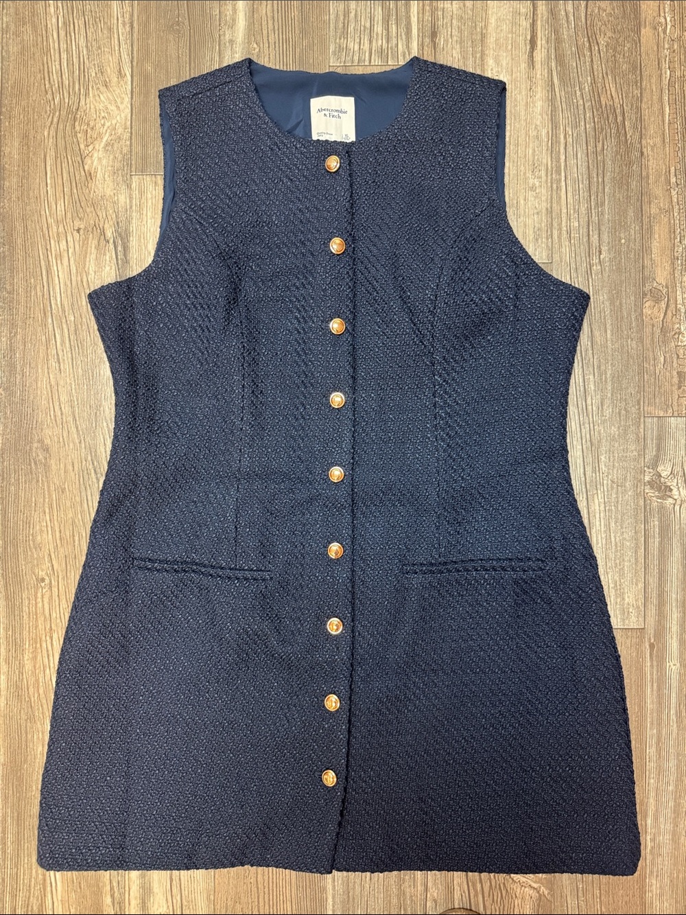 Abercrombie & Fitch Mara Tweed Vest Mini Dress Navy Gold Button XL Like New - Picture 2 of 6